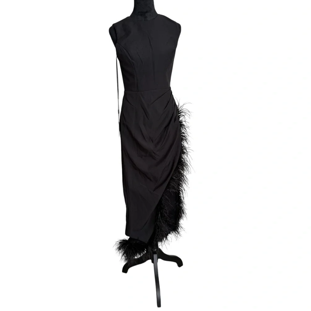 Mac Duggal Black Feather Trim Asymmetrical Maxi Dress Size 4 NWT - Picture 3 of 7